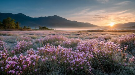 Fototapeta premium Beautiful Pink Flowers Bloom in a Serene Valley at Sunset in the Mountains