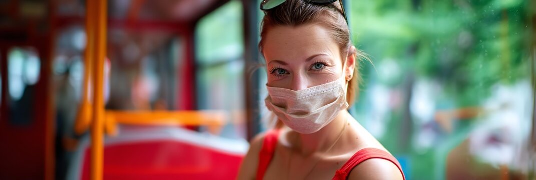 A woman wearing a blue mask .