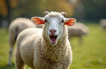Obraz premium Funny sheep with open mouth bleats on green grassy pasture. White woolly animal looks happy on a sunny autumn day. Domestic farm animal portrait close up.