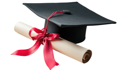 Mortarboard & diploma tied with ribbon. Academic achievement symbol