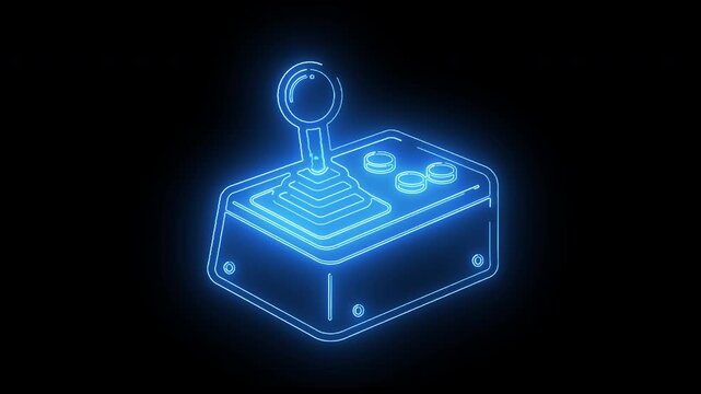 Neon blue glowing animation of arcade joystick or gaming controller icon representing fun, leisure, and entertainment