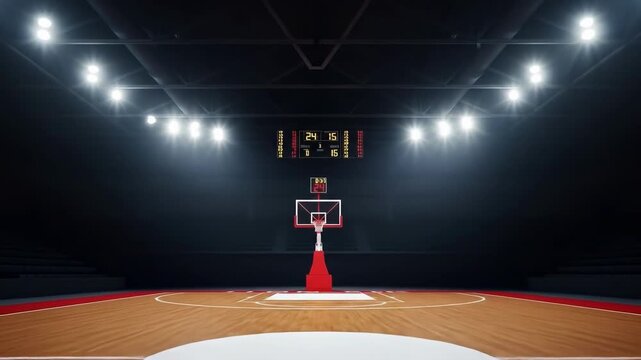 Empty basketball court with shining hardwood floors Bright lights illuminate the hoop creating a competitive atmosphere A digital scoreboard glows faintly in the background