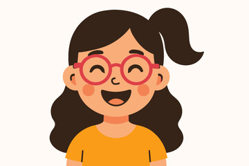 Smiling asian female child cartoon with glasses and ponytail