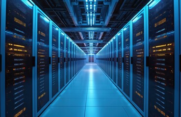 Server room corridor with rows of computer racks lit by blue lights. Data center hallway filled with servers and complex technology infrastructure. Digital network storage and cloud computing.