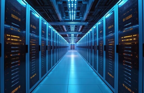 Server room corridor with rows of computer racks lit by blue lights. Data center hallway filled with servers and complex technology infrastructure. Digital network storage and cloud computing.
