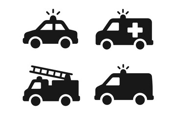 Emergency vehicle icons: police, ambulance, fire truck, rescue van silhouettes