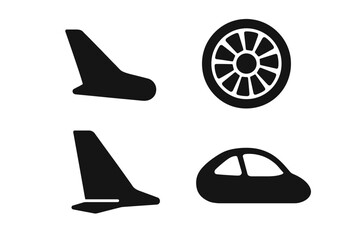 Black silhouettes of aircraft wing, wheel, tail fin, and car in vector style
