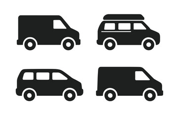Set of four black van and minivan silhouettes on white background