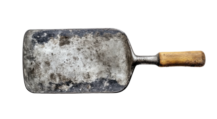 Old, worn metal scoop with a wooden handle, heavily soiled