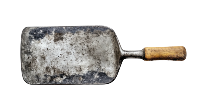 Old, worn metal scoop with a wooden handle, heavily soiled