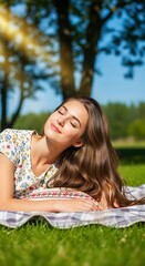 Woman Relaxing on Grass in Sunlight - A Moment of Peace.