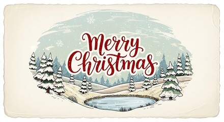 Merry Christmas Winter Landscape Illustration with Snow-Covered Trees and Frozen Pond.