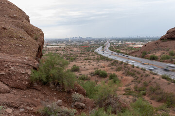 Rainy Day Traffic Leaving Phoenix with Downtown Skyline in the Distance