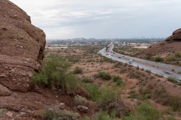 Rainy Day Traffic Leaving Phoenix with Downtown Skyline in the Distance