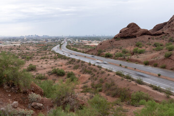 Rainy Day Traffic Leaving Phoenix with Downtown Skyline in the Distance