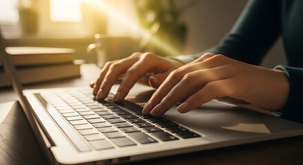 Hands-on Productivity: Focused hands work diligently, typing on a modern laptop keyboard, a testament to productivity and focused work. 