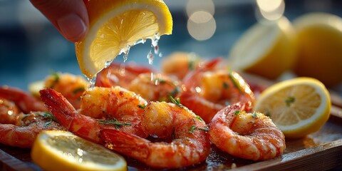 Fresh shrimp served with lemon slices at a summer outdoor gathering by the pool
