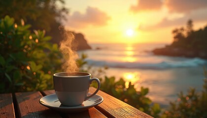 Hot coffee mug on a wooden deck. Steam rises from the cup. Sunrise over the sea bay with golden light. Waves reflect sun, illuminating tropical islands, rich green plants. Relaxing morning vacation.