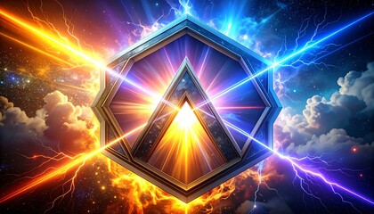 A geometric emblem glows with intense light, framed by an ornate border, amidst fiery energy and electric blue streaks