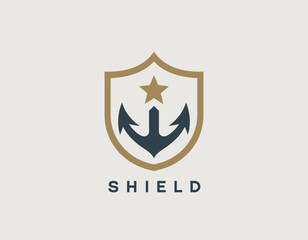 A modern shield logo design featuring an anchor and a star, symbolizing protection and security in both maritime and general contexts. Ideal for branding or identity purposes.