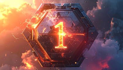 A geometric, hexagonal object displays the number one glowing brightly, amidst an explosive orange and blue cloudscape