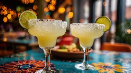 cinco de mayo, two margaritas in a restaurant with mexican food 