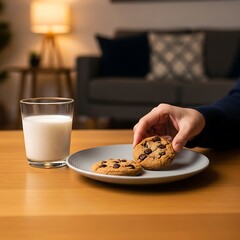 Hand Reaching for Chocolate Chip Cookie with Milk on Table.