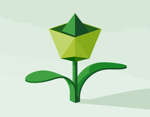 A geometric green flower design with sharp edges and a modern aesthetic, showcasing the simplicity and beauty of nature through abstract art in three-dimensional form.