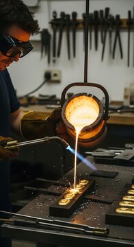 Metal Casting - A Focused Craftsman Pouring Molten Gold into a Mold.
