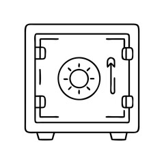 Vector art of a simple line art icon of a closed safe with a combination lock and handle, representing security and wealth, isolated on a