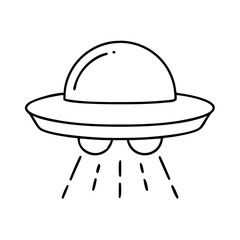 Vector art of a simple, handdrawn line art illustration of a classic flying saucer ufo with lights beaming down, isolated on a, representing alien spacecraft and extraterrestrial themes