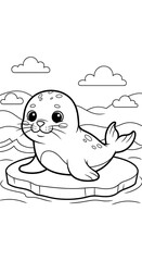 Adorable Seal Pup on Ice Floe Coloring Page for Kids.