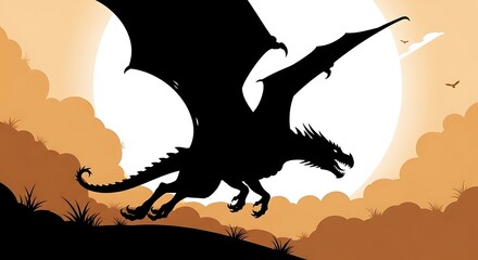 Dragon Silhouette Soaring Against a Fiery Sunset Sky.