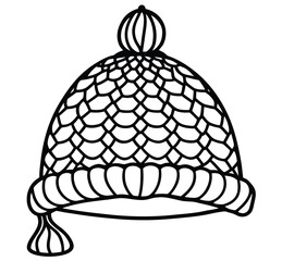Fototapeta premium A black and white outline illustration of a knitted winter hat with a pom-pom on top and a tassel hanging from the side, perfect for winter activities and cold weather protection