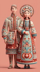 Fototapeta premium Traditional Russian Dolls in Colorful Folk Costumes.