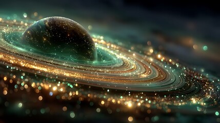 Glowing planet with rings shining across stars high resolution picture