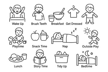 Daily routine icons of a young caucasian male child's activities from wake up to bedtime