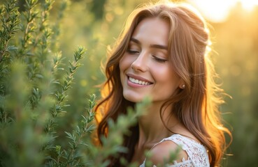 Naklejka premium Young woman smiles with closed eyes in green field during golden hour sunlight. Her skin glows, hair shines, appearing healthy and serene amidst nature.