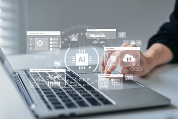 Professional hand operating advanced laptop utilizing artificial intelligence for big data analytics innovative business solutions global technology development modern computing system