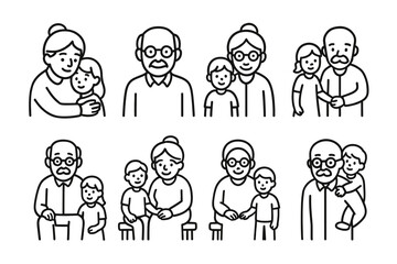 Cartoon illustrations of elderly caucasian adults interacting with young children