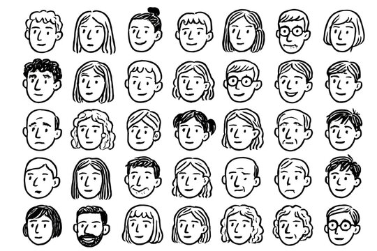 Hand-drawn diverse faces collection with various expressions