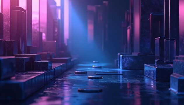 Abstract blue purple geometric background. Modern tech render design for advertising. Metaverse virtual reality concept. Futuristic gradient scene for showcase. High tech wallpaper. Digital backdrop