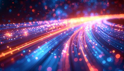Obraz premium A dynamic, abstract visual showcasing flowing light trails in vibrant colors. Warm hues meld into cool ones against a deep, starlit backdrop. The composition evokes energy