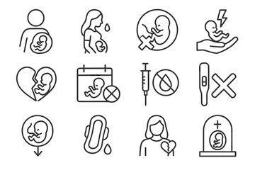 Black and white icons of pregnancy, abortion, and miscarriage concepts