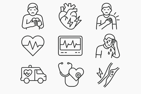 Heart attack symptoms and treatment icons set