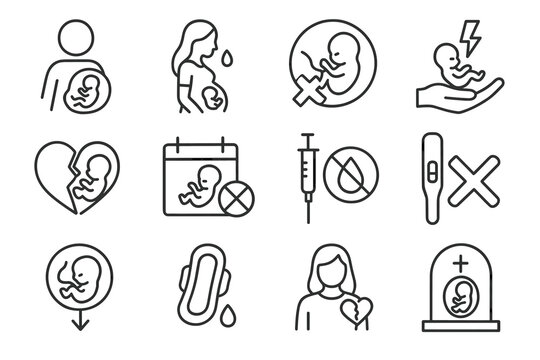 Black and white icons of pregnancy, abortion, and miscarriage concepts