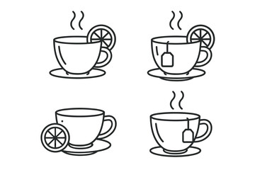 Tea cups with lemon and tea bags: simple line art illustrations