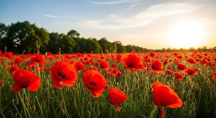 Vibrant Poppy Field at Sunset - A Serene Landscape.