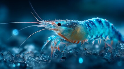Close-up view of a vibrant blue shrimp with droplets on its body in a dark setting