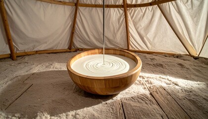 A stream of white liquid pours into a wooden bowl filled with a creamy substance, creating ripples within a circular tent structure on a sandy floor.